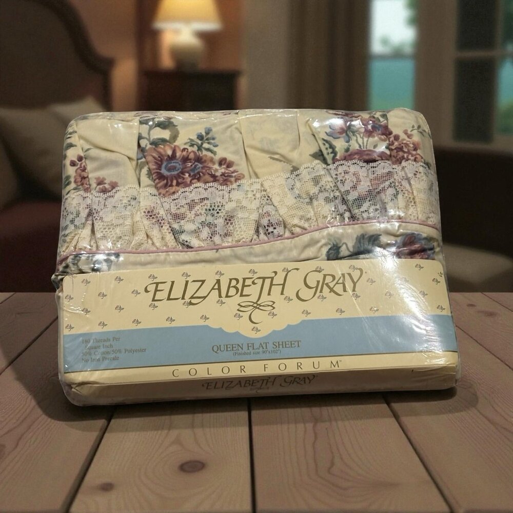 Vintage Elizabeth Gray Victoria Queen Flat Sheet  - New Old Stock Floral 90s